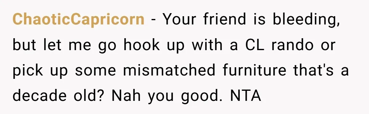 ChaoticCapricorn − Your friend is bleeding, but let me go hook up with a CL rando or pick up some mismatched furniture that's a decade old? Nah you good. NTA