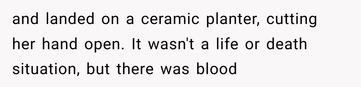 and landed on a ceramic planter, cutting her hand open. It wasn't a life or death situation, but there was blood