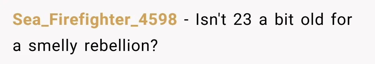 Sea_Firefighter_4598 − Isn't 23 a bit old for a smelly rebellion?