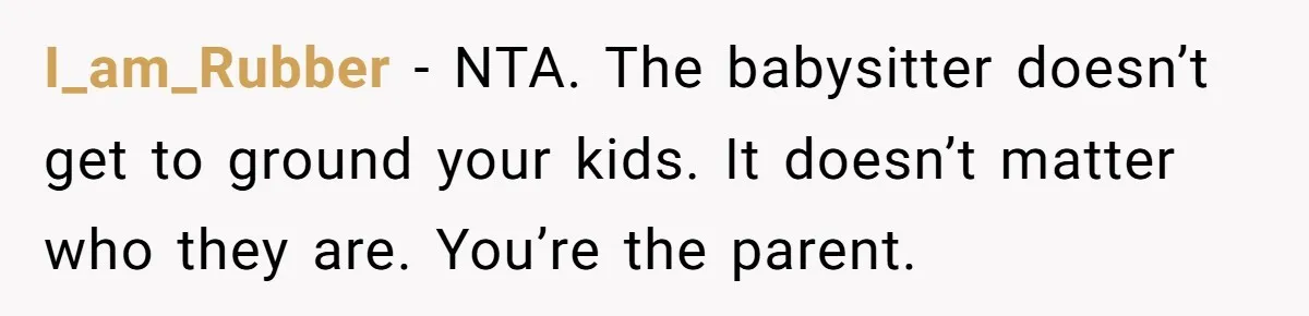 I_am_Rubber − NTA. The babysitter doesn’t get to ground your kids. It doesn’t matter who they are. You’re the parent.