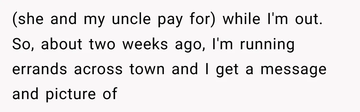 (she and my uncle pay for) while I'm out. So, about two weeks ago, I'm running errands across town and I get a message and picture of