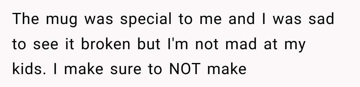 The mug was special to me and I was sad to see it broken but I'm not mad at my kids. I make sure to NOT make