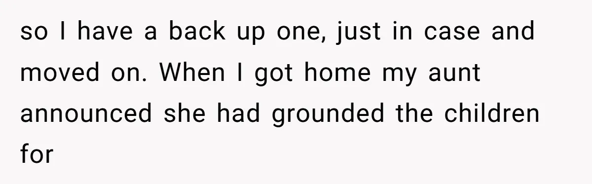 so I have a back up one, just in case and moved on. When I got home my aunt announced she had grounded the children for