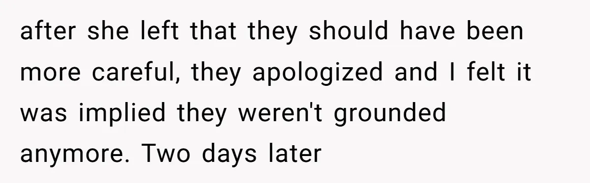 after she left that they should have been more careful, they apologized and I felt it was implied they weren't grounded anymore. Two days later