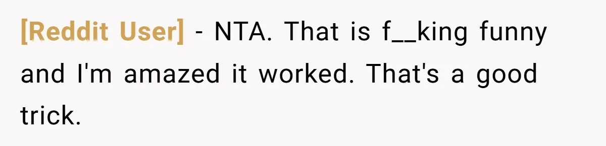 [Reddit User] − NTA. That is f__king funny and I'm amazed it worked. That's a good trick.