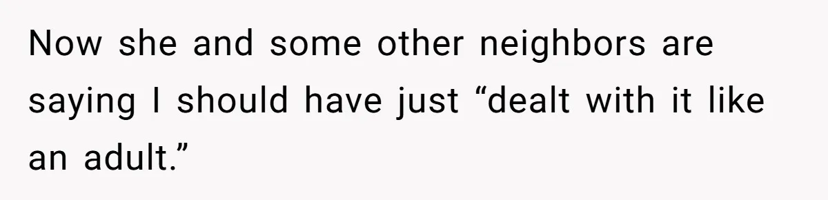 Now she and some other neighbors are saying I should have just “dealt with it like an adult.”