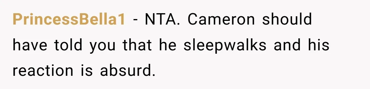 PrincessBella1 − NTA. Cameron should have told you that he sleepwalks and his reaction is absurd.