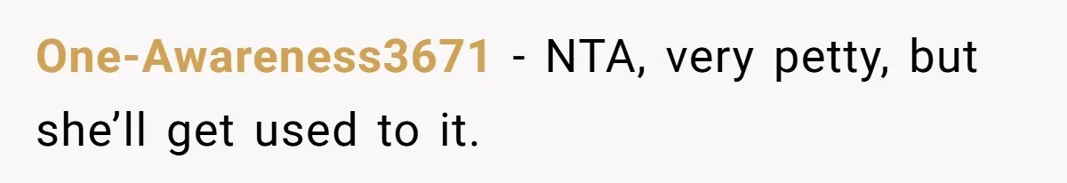 One-Awareness3671 − NTA, very petty, but she’ll get used to it.