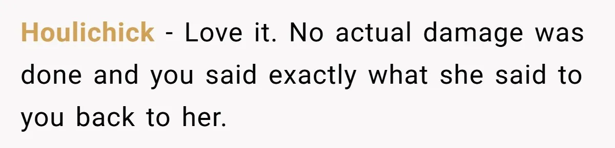 Houlichick − Love it. No actual damage was done and you said exactly what she said to you back to her.