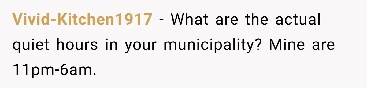 Vivid-Kitchen1917 − What are the actual quiet hours in your municipality? Mine are 11pm-6am.
