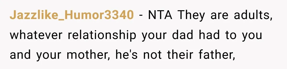 Jazzlike_Humor3340 − NTA They are adults, whatever relationship your dad had to you and your mother, he's not their father,