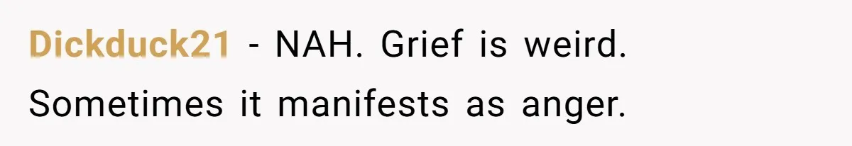 Dickduck21 − NAH. Grief is weird. Sometimes it manifests as anger.