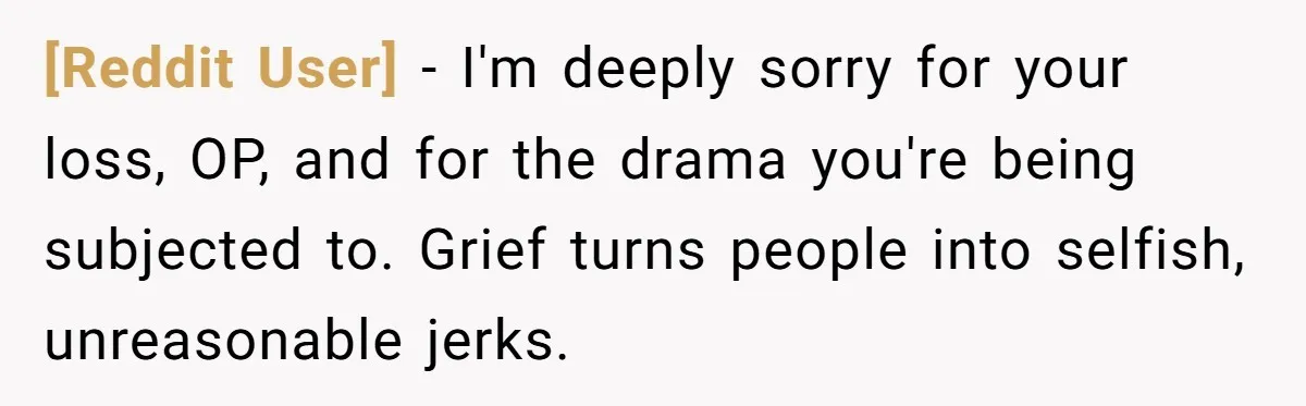 [Reddit User] − I'm deeply sorry for your loss, OP, and for the drama you're being subjected to. Grief turns people into selfish, unreasonable jerks.