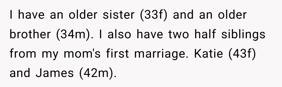 I have an older sister (33f) and an older brother (34m). I also have two half siblings from my mom's first marriage. Katie (43f) and James (42m).