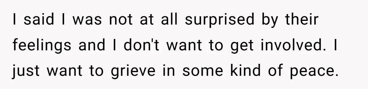 I said I was not at all surprised by their feelings and I don't want to get involved. I just want to grieve in some kind of peace.