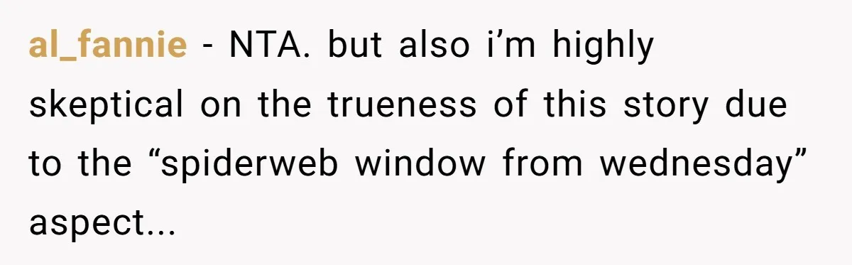 al_fannie − NTA. but also i’m highly skeptical on the trueness of this story due to the “spiderweb window from wednesday” aspect...