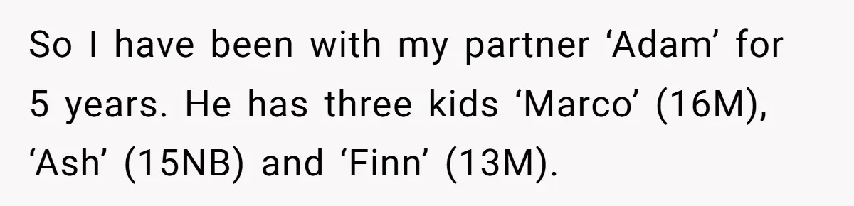 So I have been with my partner ‘Adam’ for 5 years. He has three kids ‘Marco’ (16M), ‘Ash’ (15NB) and ‘Finn’ (13M).