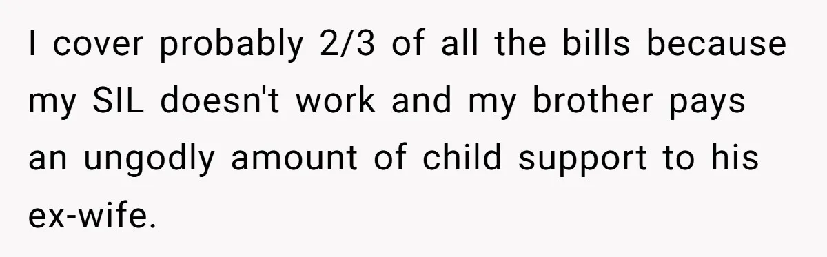 I cover probably 2/3 of all the bills because my SIL doesn't work and my brother pays an ungodly amount of child support to his ex-wife.