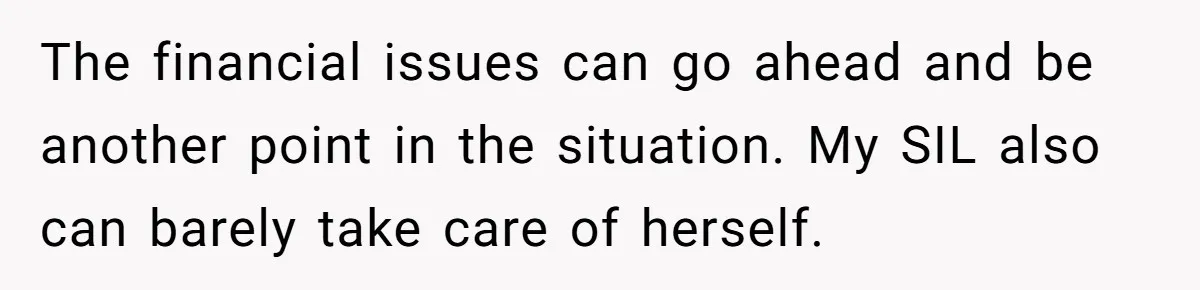 The financial issues can go ahead and be another point in the situation. My SIL also can barely take care of herself.