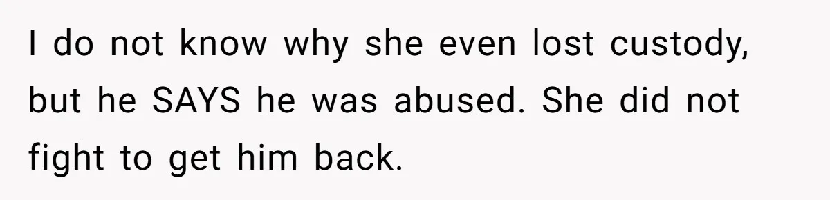 I do not know why she even lost custody, but he SAYS he was abused. She did not fight to get him back.