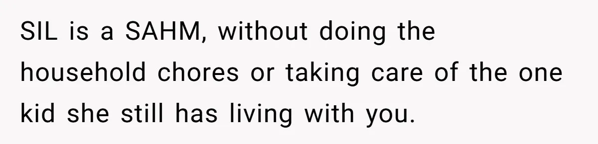 SIL is a SAHM, without doing the household chores or taking care of the one kid she still has living with you.