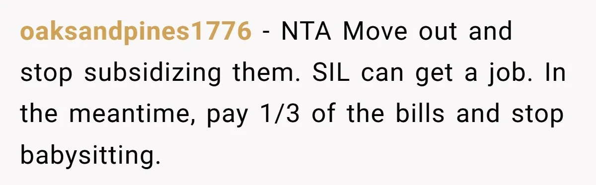 oaksandpines1776 − NTA Move out and stop subsidizing them. SIL can get a job. In the meantime, pay 1/3 of the bills and stop babysitting.
