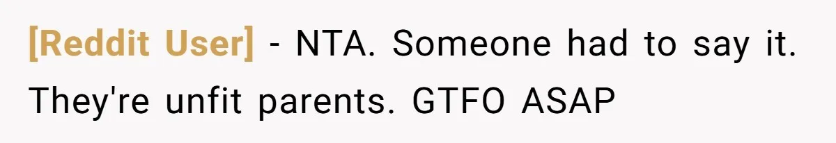[Reddit User] − NTA. Someone had to say it. They're unfit parents. GTFO ASAP