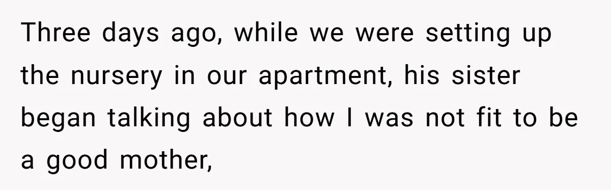 Three days ago, while we were setting up the nursery in our apartment, his sister began talking about how I was not fit to be a good mother,