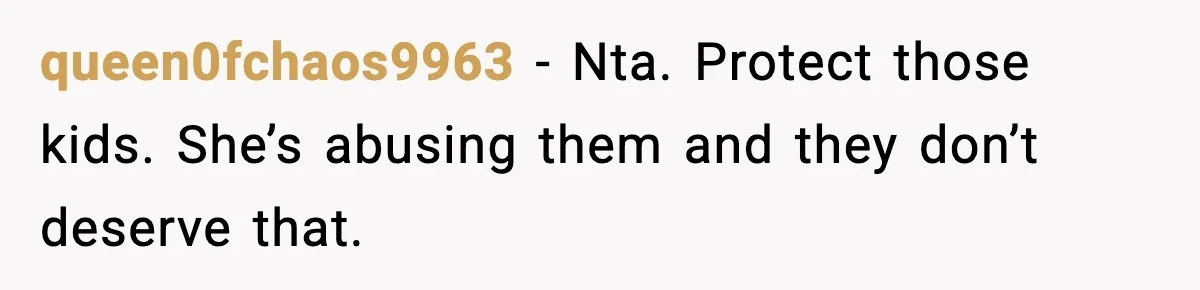 Woman Calls Out Sister’s Abusive Behavior, Leads To Custody Issues For Her Husband queen0fchaos9963 − Nta. Protect those kids. She’s abusing them and they don’t deserve that.