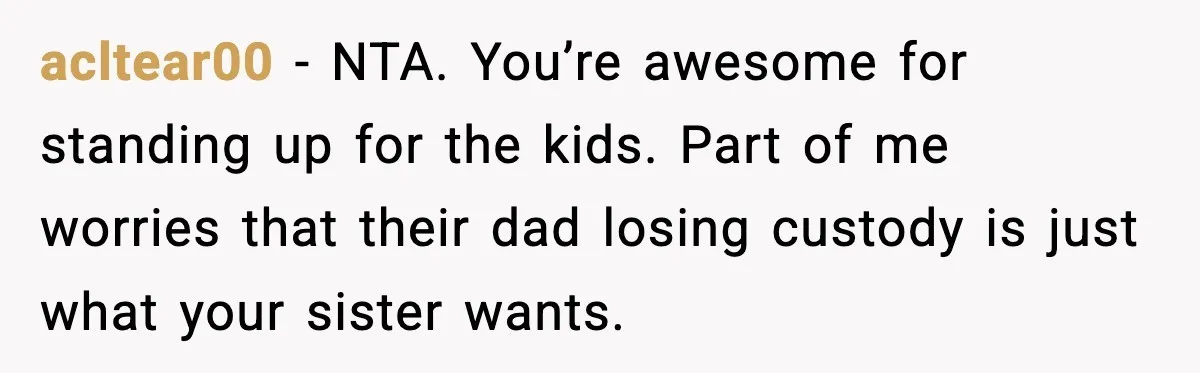 Woman Calls Out Sister’s Abusive Behavior, Leads To Custody Issues For Her Husband acltear00 − NTA. You’re awesome for standing up for the kids. Part of me worries that their dad losing custody is just what your sister wants.