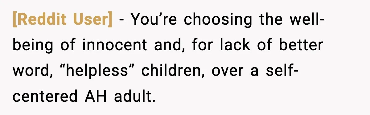 [Reddit User] − You’re choosing the well-being of innocent and, for lack of better word, “helpless” children, over a self-centered AH adult.