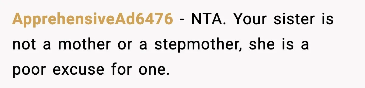 Woman Calls Out Sister’s Abusive Behavior, Leads To Custody Issues For Her Husband ApprehensiveAd6476 − NTA. Your sister is not a mother or a stepmother, she is a poor excuse for one.