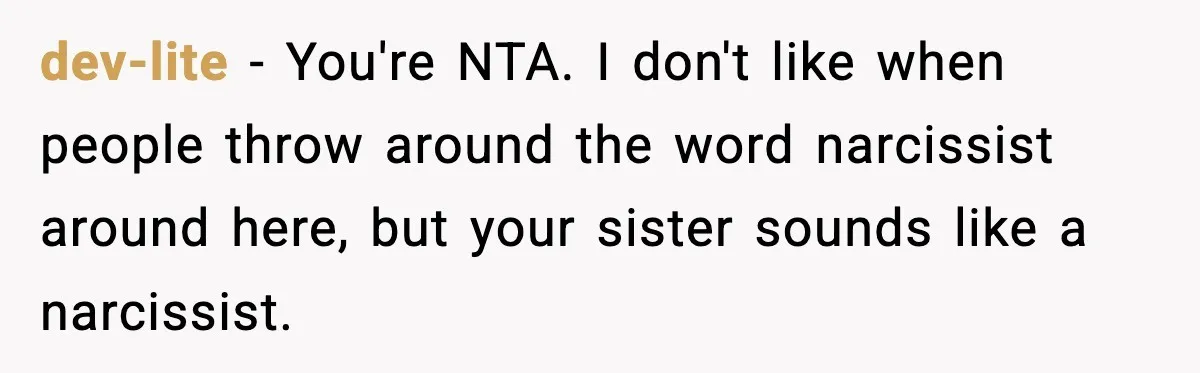 Woman Calls Out Sister’s Abusive Behavior, Leads To Custody Issues For Her Husband dev-lite − You're NTA. I don't like when people throw around the word narcissist around here, but your sister sounds like a narcissist.