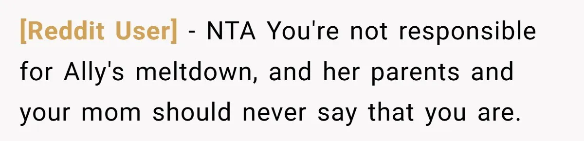 [Reddit User] − NTA You're not responsible for Ally's meltdown, and her parents and your mom should never say that you are.