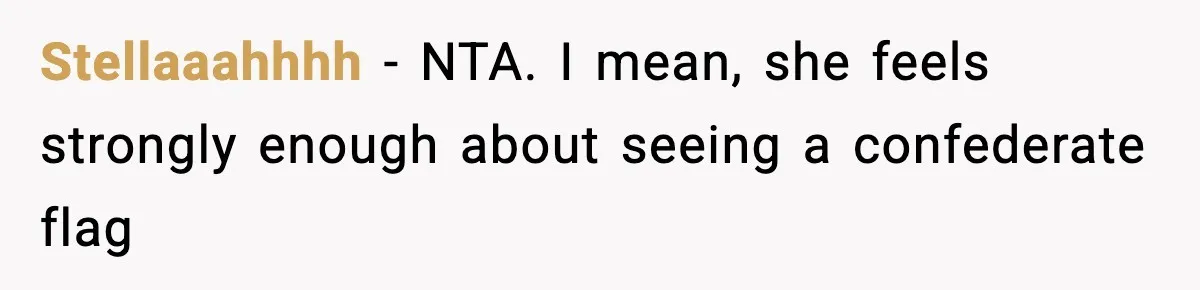 Stellaaahhhh − NTA. I mean, she feels strongly enough about seeing a confederate flag