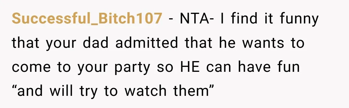 Setting Boundaries at 25: Why This Young Woman Doesn’t Want Kids at Her Birthday Successful_Bitch107 − NTA- I find it funny that your dad admitted that he wants to come to your party so HE can have fun “and will try to watch them”