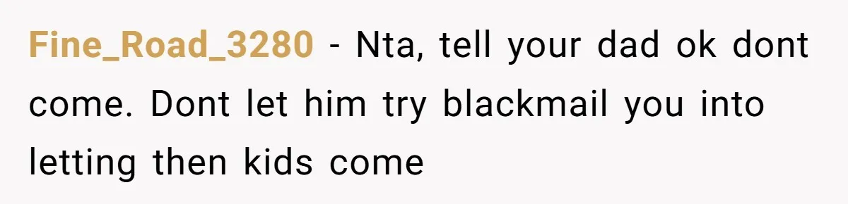 Setting Boundaries at 25: Why This Young Woman Doesn’t Want Kids at Her Birthday Fine_Road_3280 − Nta, tell your dad ok dont come. Dont let him try blackmail you into letting then kids come