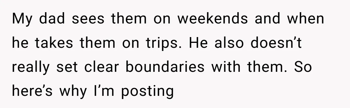 Setting Boundaries at 25: Why This Young Woman Doesn’t Want Kids at Her Birthday My dad sees them on weekends and when he takes them on trips. He also doesn’t really set clear boundaries with them. So here’s why I’m posting