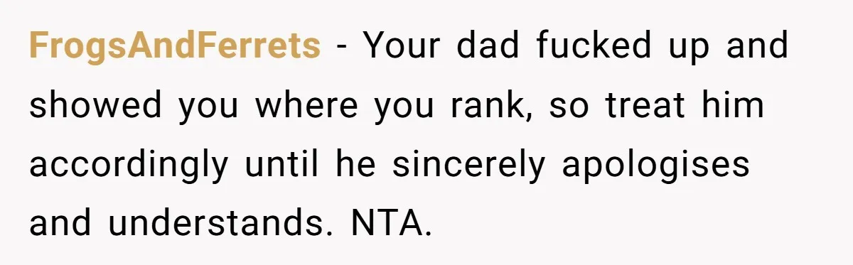 FrogsAndFerrets − Your dad fucked up and showed you where you rank, so treat him accordingly until he sincerely apologises and understands. NTA.