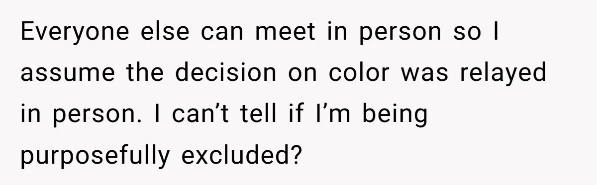Everyone else can meet in person so I assume the decision on color was relayed in person. I can’t tell if I’m being purposefully excluded?