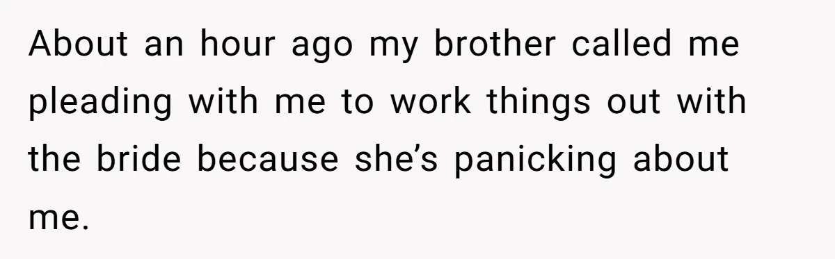 About an hour ago my brother called me pleading with me to work things out with the bride because she’s panicking about me.