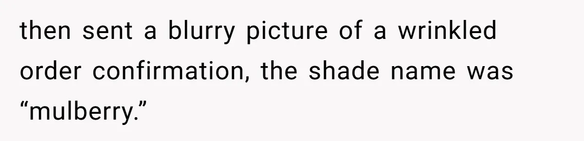 then sent a blurry picture of a wrinkled order confirmation, the shade name was “mulberry.”