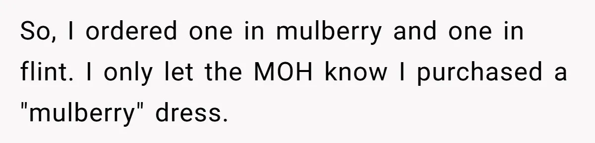 So, I ordered one in mulberry and one in flint. I only let the MOH know I purchased a "mulberry" dress.