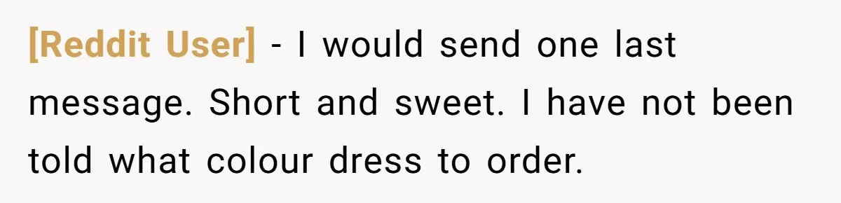 [Reddit User] − I would send one last message. Short and sweet. I have not been told what colour dress to order.