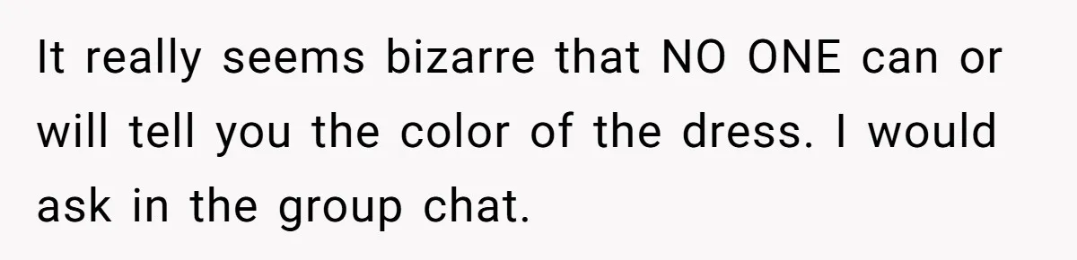 It really seems bizarre that NO ONE can or will tell you the color of the dress. I would ask in the group chat.