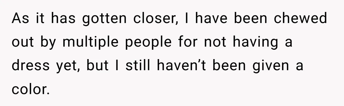 As it has gotten closer, I have been chewed out by multiple people for not having a dress yet, but I still haven’t been given a color.