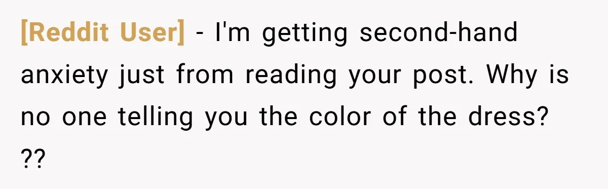 [Reddit User] − I'm getting second-hand anxiety just from reading your post. Why is no one telling you the color of the dress? ??
