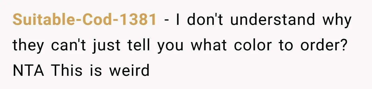 Suitable-Cod-1381 − I don't understand why they can't just tell you what color to order? NTA This is weird