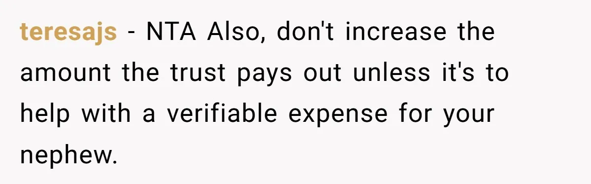 Man Refuses To Make Toys For Former Sister-In-Law After Her New Husband Calls His Gifts ‘Embarrassing’ teresajs − NTA Also, don't increase the amount the trust pays out unless it's to help with a verifiable expense for your nephew.