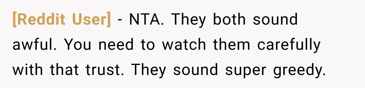 [Reddit User] − NTA. They both sound awful. You need to watch them carefully with that trust. They sound super greedy.